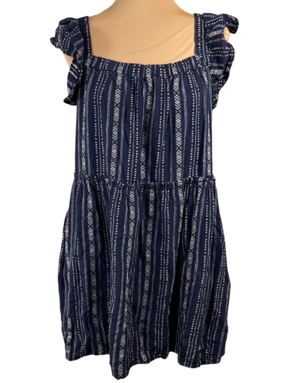 Time And Tru Mini Dress Tiered Tribal Print Blue White Size L Large Ruffle Linen
